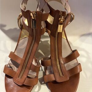 Michael Kors Tan Leather Sandals with Gold Zipper